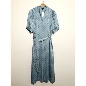 Ann Taylor MIDI SHIRT DRESS Women's XS BLUE SATIN GEO PUFF SLEEVE BELTED NEW